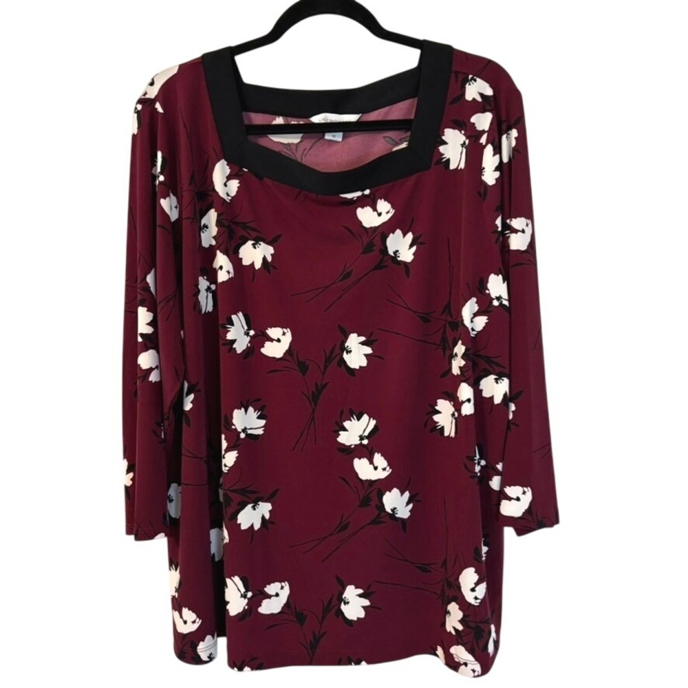 Liz Claiborne 1X Burgundy Floral Square Neck 3/4 Sleeve Knit Top Career Relaxed
